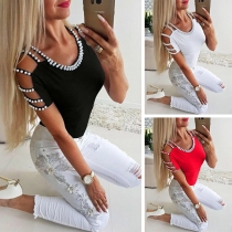 Sexy Off-shoulder Round Neck Beaded T-shirt