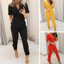 Sexy V-neck Short Sleeve High Waist Solid Color Jumpsuit
