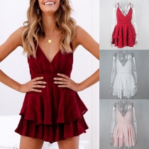 Sexy Backless V-neck High Waist Sling Plaid Romper