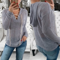 Fashion Solid Color Long Sleeve Lace-up V-neck Hooded Top