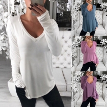 Simple Style Long Sleeve V-neck Solid Color T-shirt