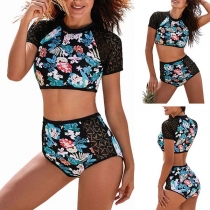Sexy Lace Spliced High Waist Short Sleeve Printed Bikini Set