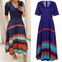 Fashion Short Sleeve V-neck High Waist Contrast Color Striped Dress