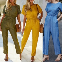 Fashion Solid Color Short Sleeve Round Neck High Waist Jumpsuit