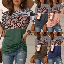 Fashion Striped Leopard Spliced Short Sleeve Twisted Hem T-shirt