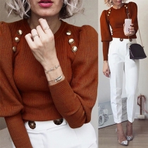 Fashion Solid Color Puff Sleeve Round Neck Knit Top