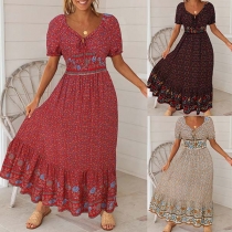 Bohemian Style Lantern Sleeve V-neck High Waist Printed Dress