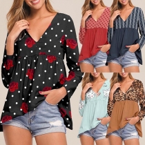 Fashion Long Sleeve V-neck Printed Top