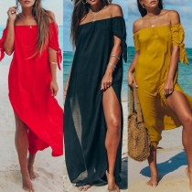 Sexy Off-shoulder Boat Neck Short Sleeve Slit Hem Solid Color Dress