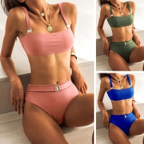 Sexy Backless High Waist Solid Color Bikini Set