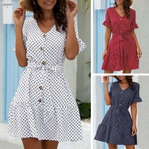 Fashion Short Sleeve V-neck Dots Printed Dress