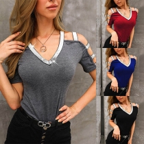 Sexy Hollow Out Short Sleeve V-neck T-shirt