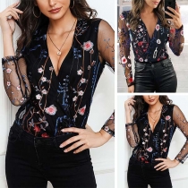 Sexy Gauze Spliced Long Sleeve Deep V-neck Embroidered Top