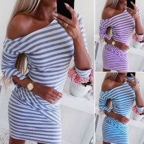 Sexy Oblique Shoulder Half Sleeve Slim Fit Striped Dress