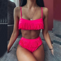Sexy Solid Color High Waist Tassel Bikini Set