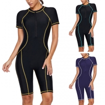 Fashion Contrast Color Short Sleeve Round Neck One-piece Swimsuit