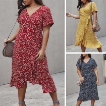 Sexy V-neck Irregular Ruffle Hem Short Sleeve Printed Dress