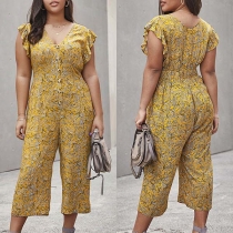 Sexy V-neck Lotus Sleeve High Waist Printed Jumpsuit