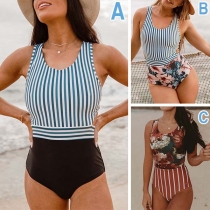 Sexy Backless High Waist Striped Spliced Printed One-piece Swimsuit
