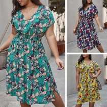 Fresh Style Short Sleeve V-neck High Waist Printed Dress