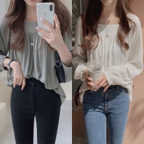 Sexy Off-shoulder Boat Neck Long Sleeve Solid Color Top