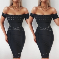 Sexy Off-shoulder Boat Neck Slim Fit Rivets Dress