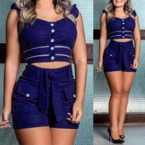 Sexy Ruffle Sling Crop Top + High Waist Shorts Two-piece Set