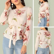 Fashion Long Sleeve Round Neck Printed Top with Waist Strap