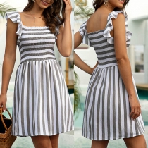 Sweet Style Lotus Sleeve Square Collar Striped Dress