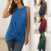 Fashion Solid Color Sleeveless Round Neck Crossover Hem Top