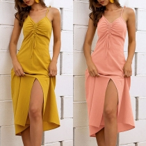Sexy Backless V-neck Slit Hem Solid Color Sling Dress