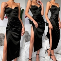 Sexy Backless V-neck Slit Hem Solid Color Sling Dress