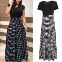 Fashion Short Sleeve Round Neck High Waist Dots Printed Dress