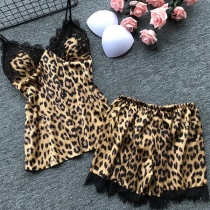 Sexy V-neck Lace Spliced Leopard Sling Top + Shorts Nightwear Set(The size falls small)