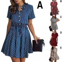 OL Style Short Sleeve Stand Collar Printed Shirt Dress