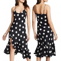 Sexy Backless V-neck Slit Hem Dots Printed Sling Dress