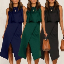 Sexy Backless Sleeveless Crop Top + High Waist Slit Hem Skirt Two-piece Set