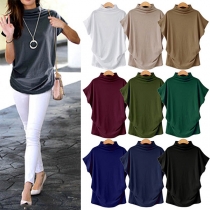 Fashion Solid Color Mock Neck Solman Sleeve T-shirt