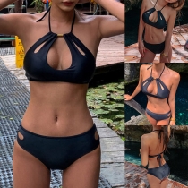 Sexy Backless Solid Color Hollow Out Halter Bikini Set