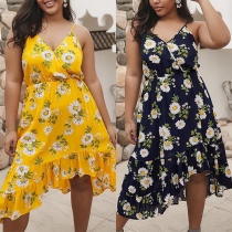 Sexy Backless V-neck Ruffle Hem Sling Printed Dress