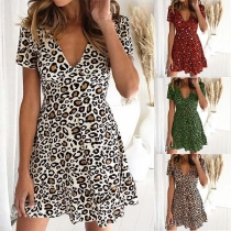 Sexy V-neck Short Sleeve High Waist Leopard Printed Dress