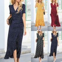 Fresh Style Short Sleeve V-neck Irregular Ruffle Hem Printed Dress