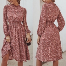 Fashion Long Sleeve Mock Neck High Waist Printed Dress