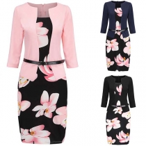 Fashion 3/4 Sleeve Square Collar Slim Fit Printed Pencil Dress