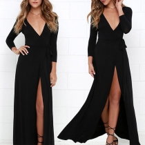 Sexy Deep V-neck Slit Hem Long Sleeve Solid Color Dress