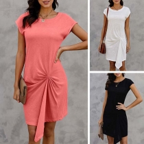 Fashion Solid Color Short Sleeve Round Neck Twisted Dress