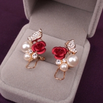 Fashion Bead Rhinestone Inlaid Camellia Shaped Ear Clips