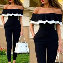 Sexy Contrast Color Ruffle Boat Neck High Waist Jumpsuit