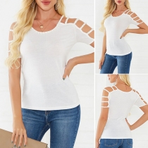 Sexy Hollow Out Short Sleeve Solid Color Beaded T-shirt