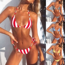 Sexy Low-waist Lace-up Halter Striped Bikini Set